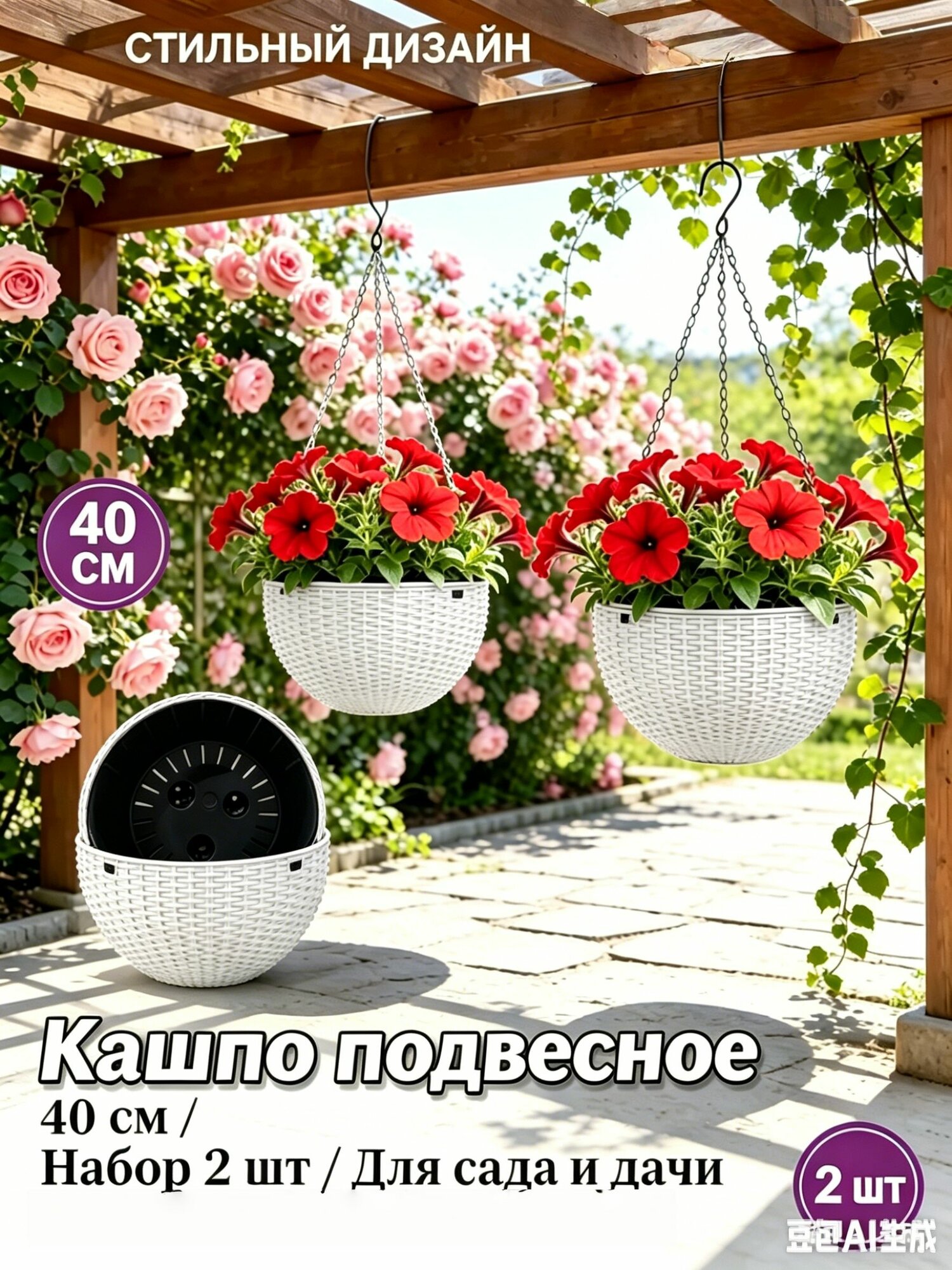 Классические подвесные кашпо для цветов, имитация ротанга, белое, 2 штуки
