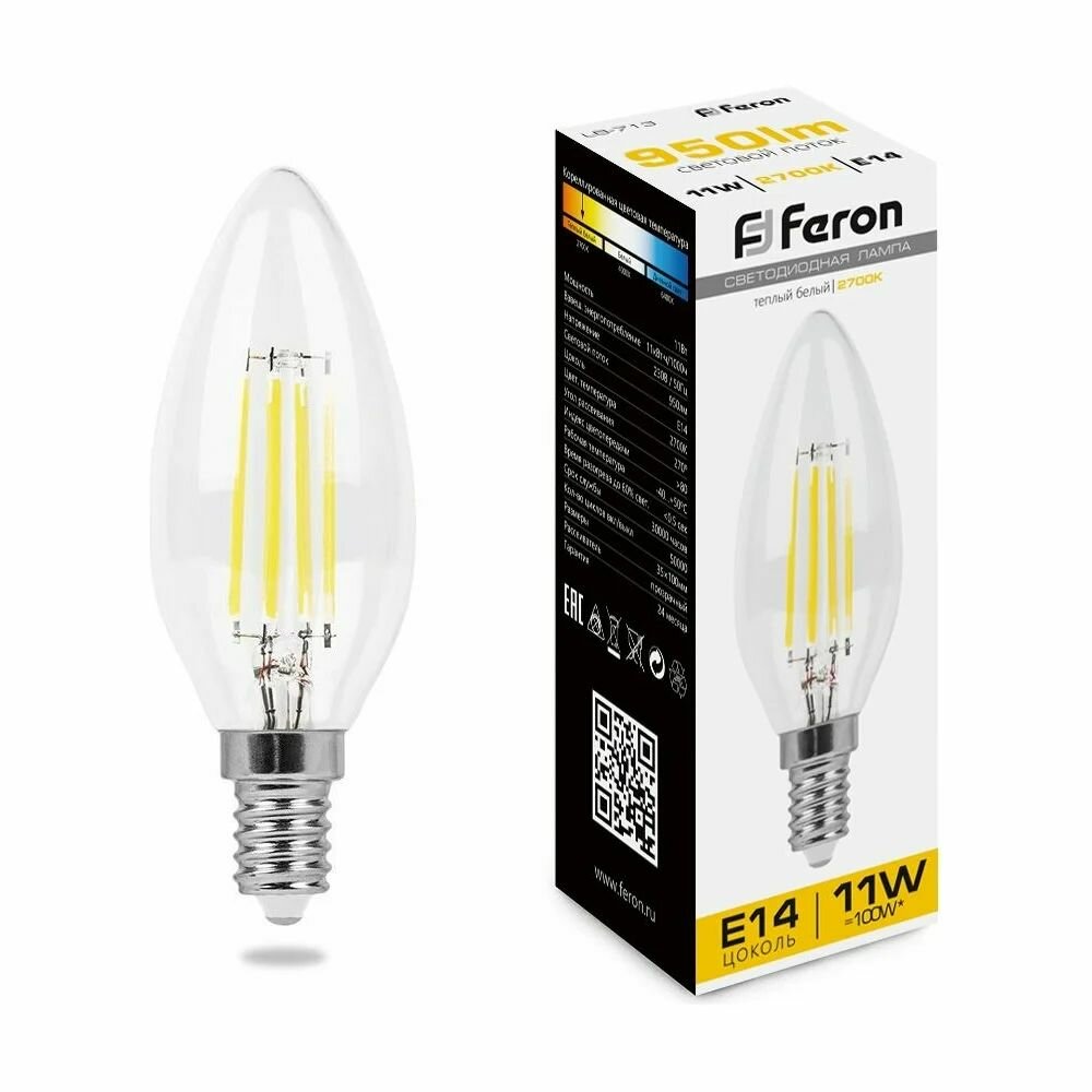 Светодиодная лампа FERON 11W 230V E14 2700K прозрачная, LB-713 38006