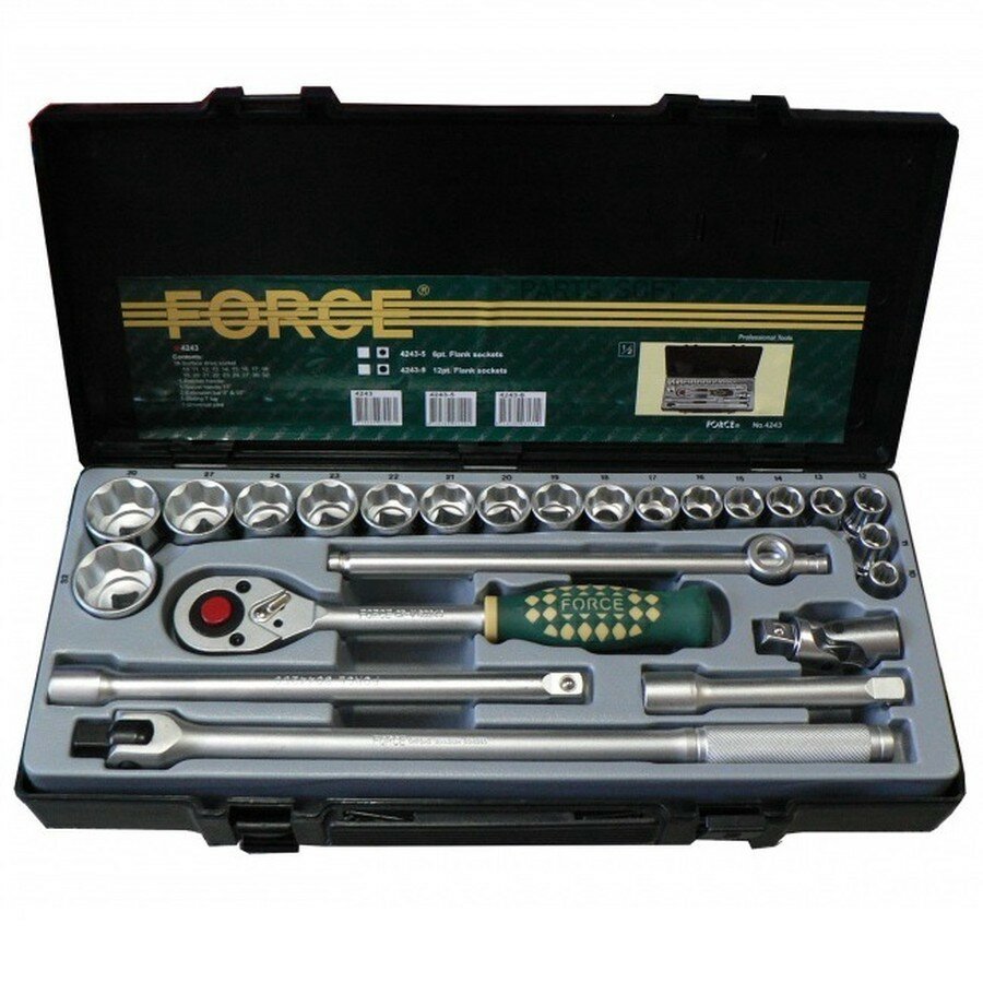 Набор FORCE DR.1/2, 6-ти гранных головок 10-24,27,30,32мм, с трещоткой 80243 на 24 зубца, 24пр. в пластиковом пенале. от официального дистрибьютора, FORCE, артикул 42435