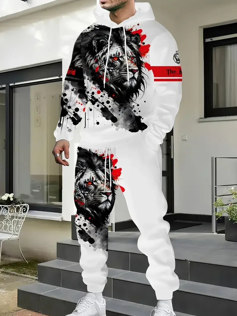 New Lion King Pattern Men's Hoodies Set 3d Printed Animal Clothing long Sleeves+ pants 2-pcs Casual Fashion Tracksuits, XL — фото 1