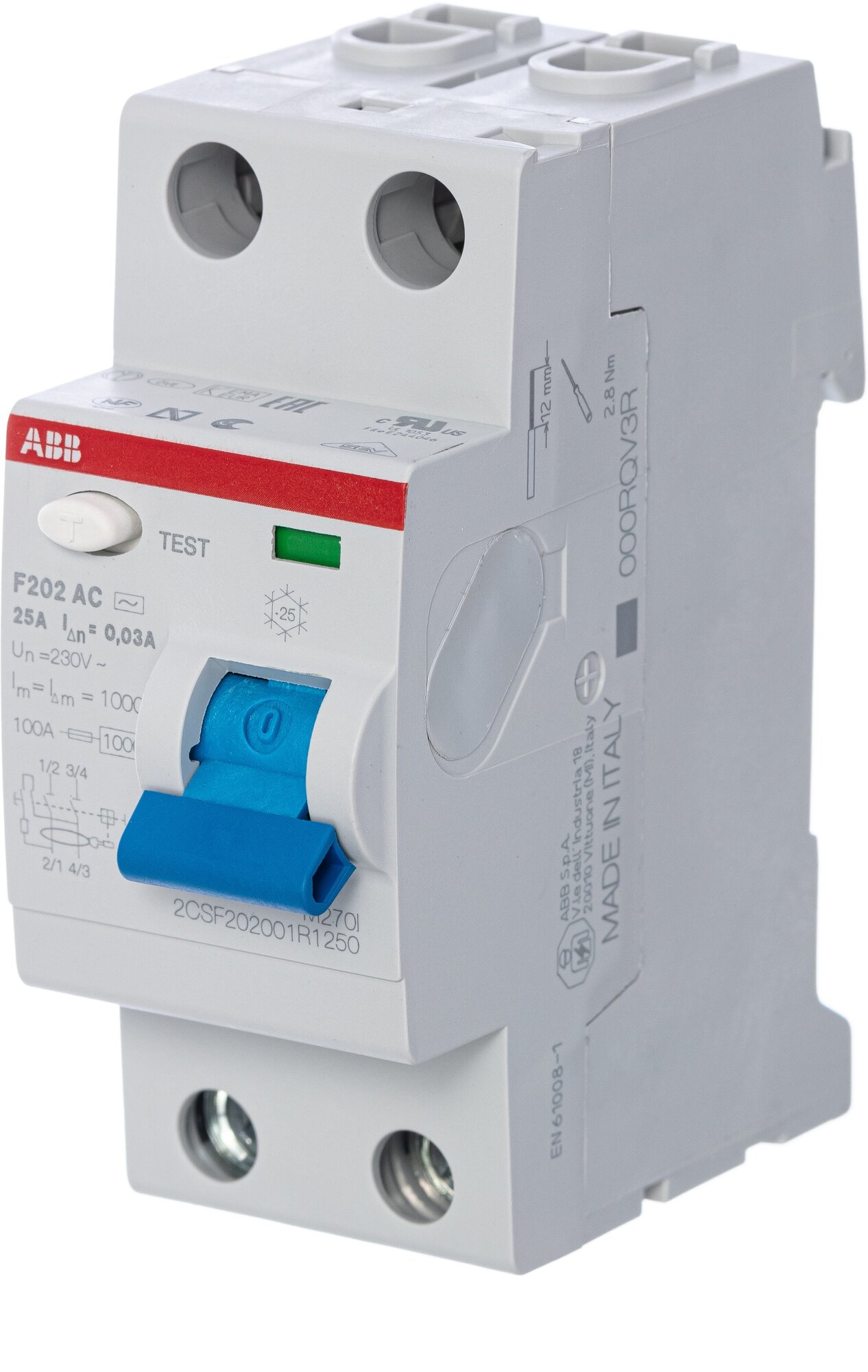 Выключатель дифференциального тока (УЗО) ABB F200, 2 полюса, 25A, 30mA, тип AC, электро-механическое, ширина 2 DIN-модуля