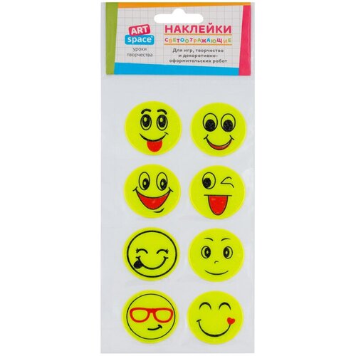 Наклейки объемные светоотражающие ArtSpace Смайлы 918см пакет европодвес 6 штук 372₽