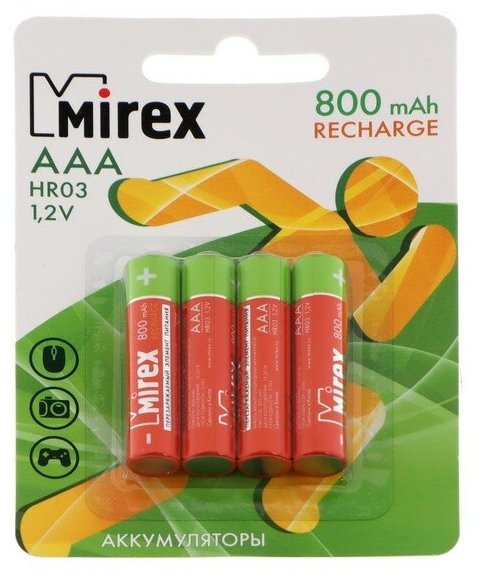 Аккумулятор Mirex, Ni-Mh, AAA, HR03-4BL, 1.2В, 800 мАч, блистер, 4 шт.