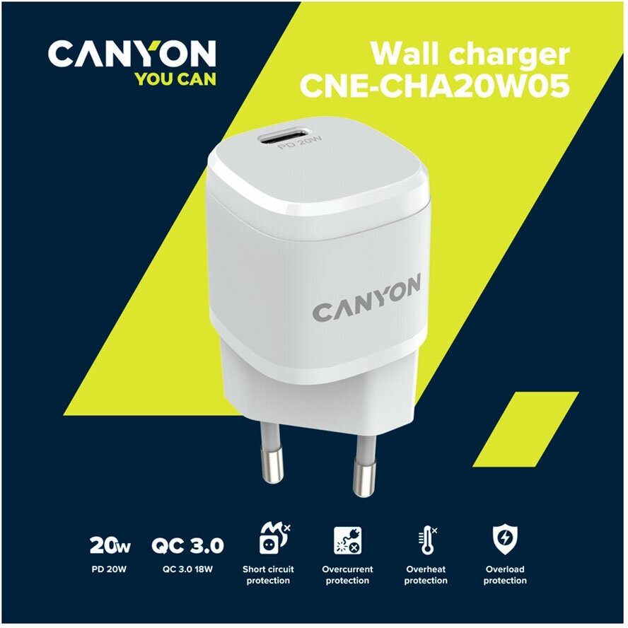 Зарядное устройство сетевое Canyon CNE-CHA20W05 PD 20Вт, USB-C, белый - фото №5