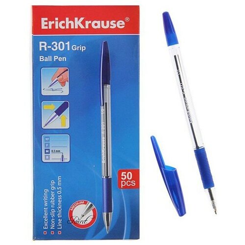 ErichKrause Ручка шариковая R-301 Classic Stick&Grip, 1 мм, синий цвет чернил, 50 шт. ручка шариковая erichkrause u 108 classic stick игольчатый узел 1 0 мм чернила синие ультра мягкое письмо 50 шт