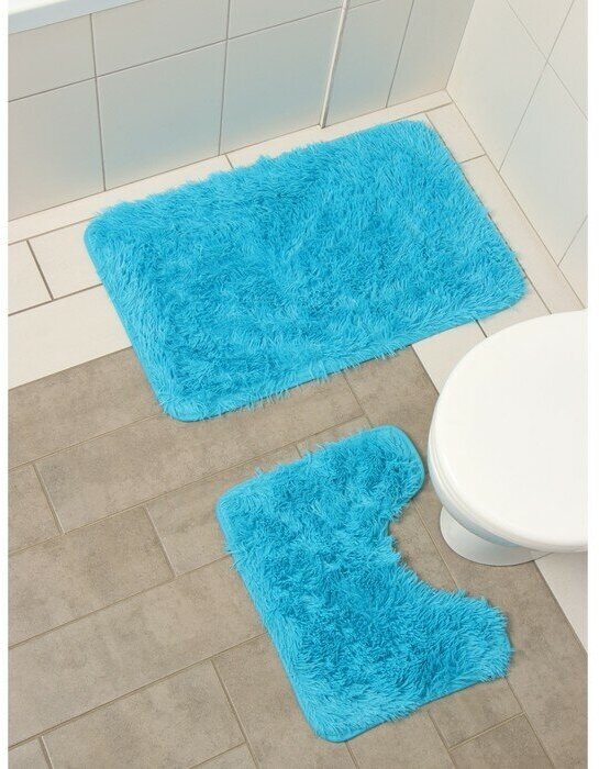 Набор ковриков для ванной и туалета Доляна «Пушистик», 2 шт, 40×50, 50×80 см цвет голубой