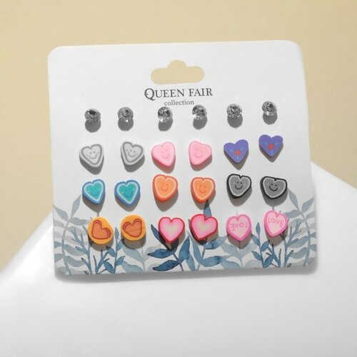Queen fair Набор серьги 12 пар "Сердечки" смайлик, цветные в серебре