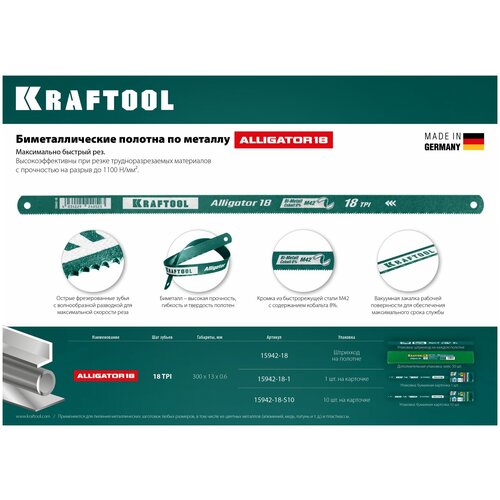 KRAFTOOL Alligator-18 18 TPI, 300 мм, Биметаллическое гибкое полотно по металлу (15942-18-S10)