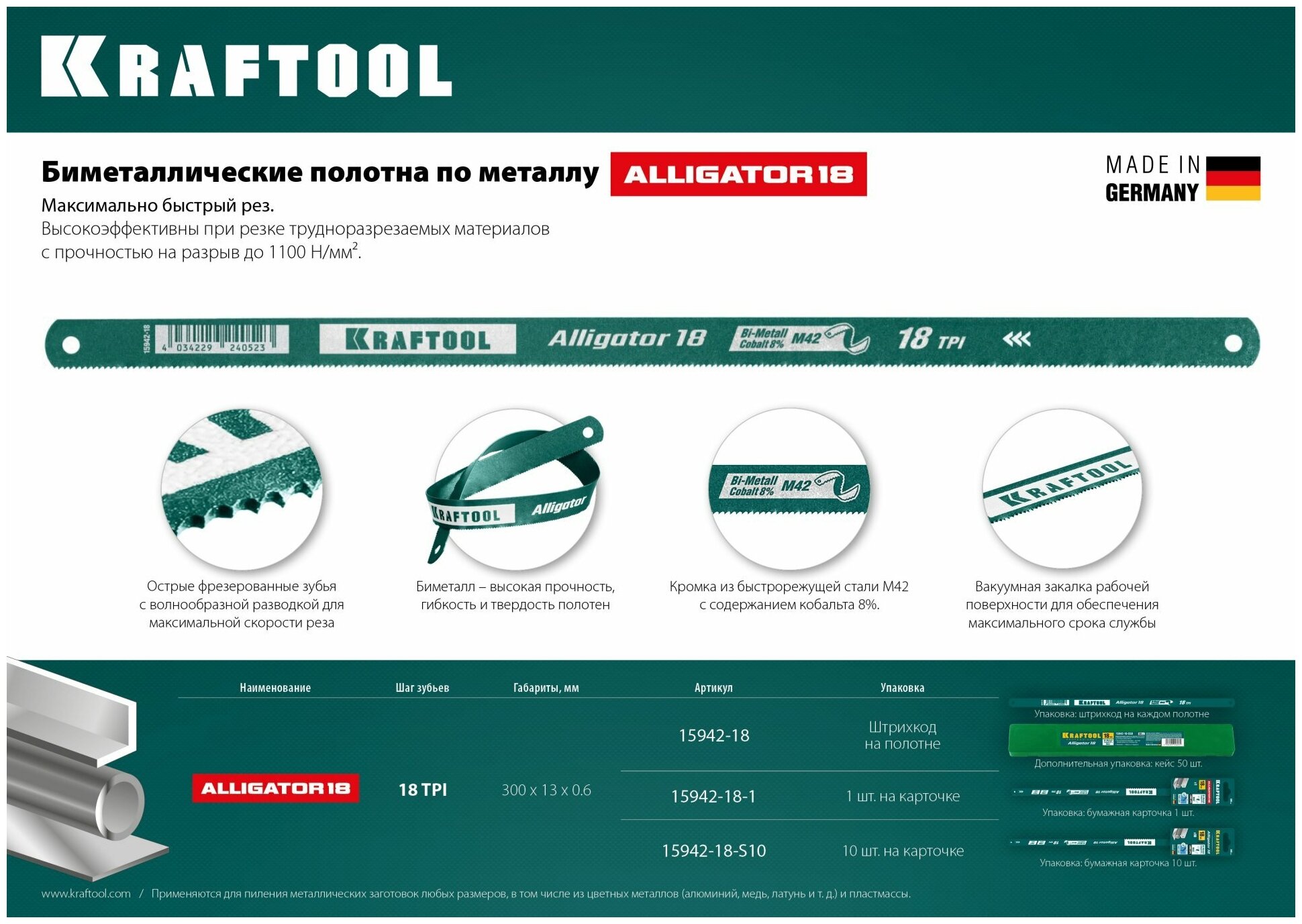 KRAFTOOL Alligator-18 18 TPI, 300 мм, Биметаллическое гибкое полотно по металлу (15942-18-1)
