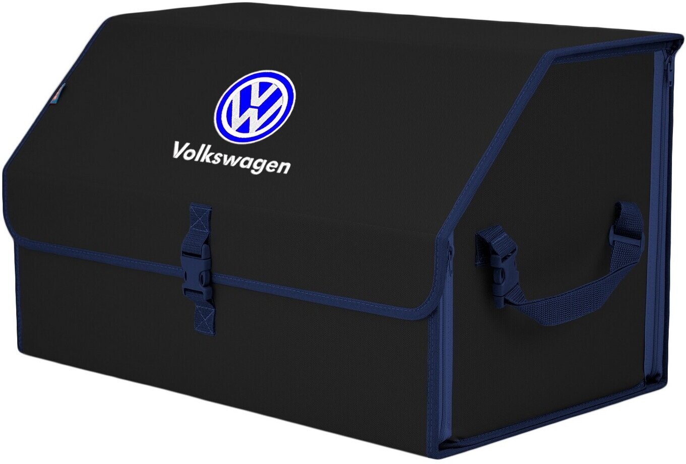 Органайзер-саквояж в багажник "Союз" (размер XL). Цвет: черный с синей окантовкой и вышивкой Volkswagen (Фольксваген).