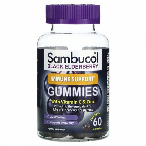 Купить Sambucol, Черная бузина, жевательные таблетки для поддержки иммунитета, с витамином C и цинком, вкус натуральных ягод, 60 жевательных таблеток, Самбукол