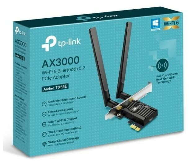 Сетевой адаптер Wi-Fi + Bluetooth TP-Link Archer TX55E AX3000 PCI Express (ант. внеш. съем) 2ант.