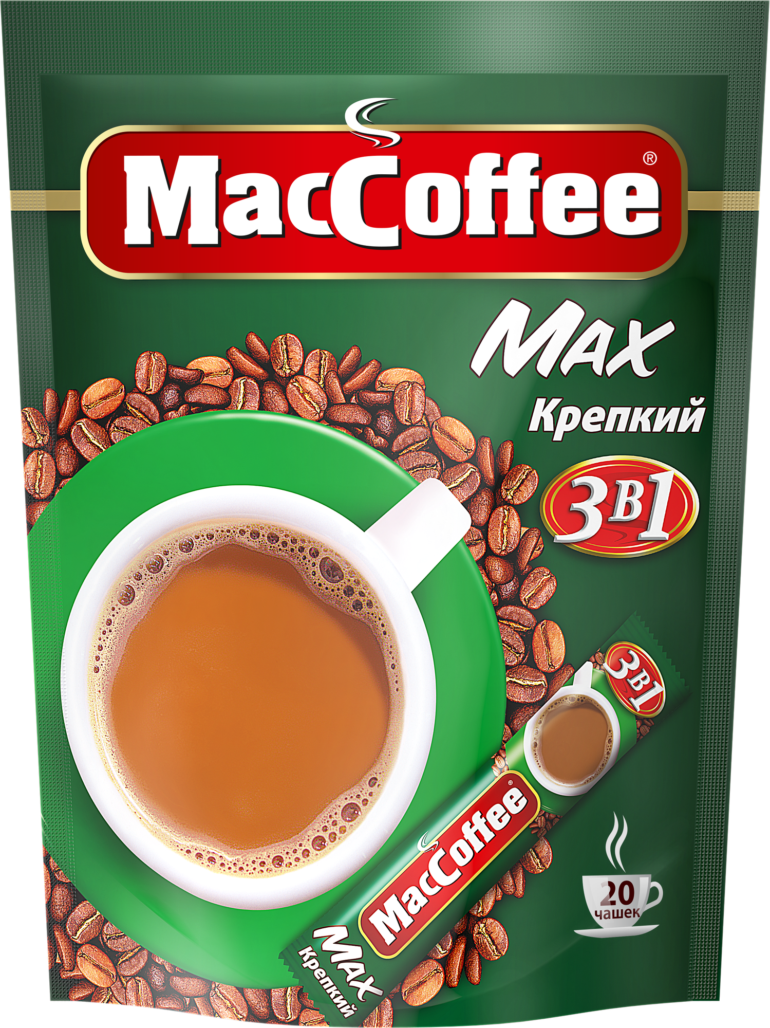 Растворимый кофе MacCoffee Max Крепкий 3 в 1, в стикахсливки, 20 уп., 320 г