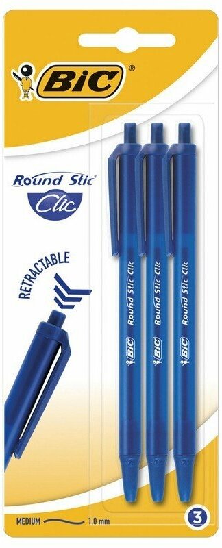 Ручки шариковые автоматические BIC "Round Stic Clic", набор 3 шт, синие, линия письма 0,32 мм, блистер, 92637