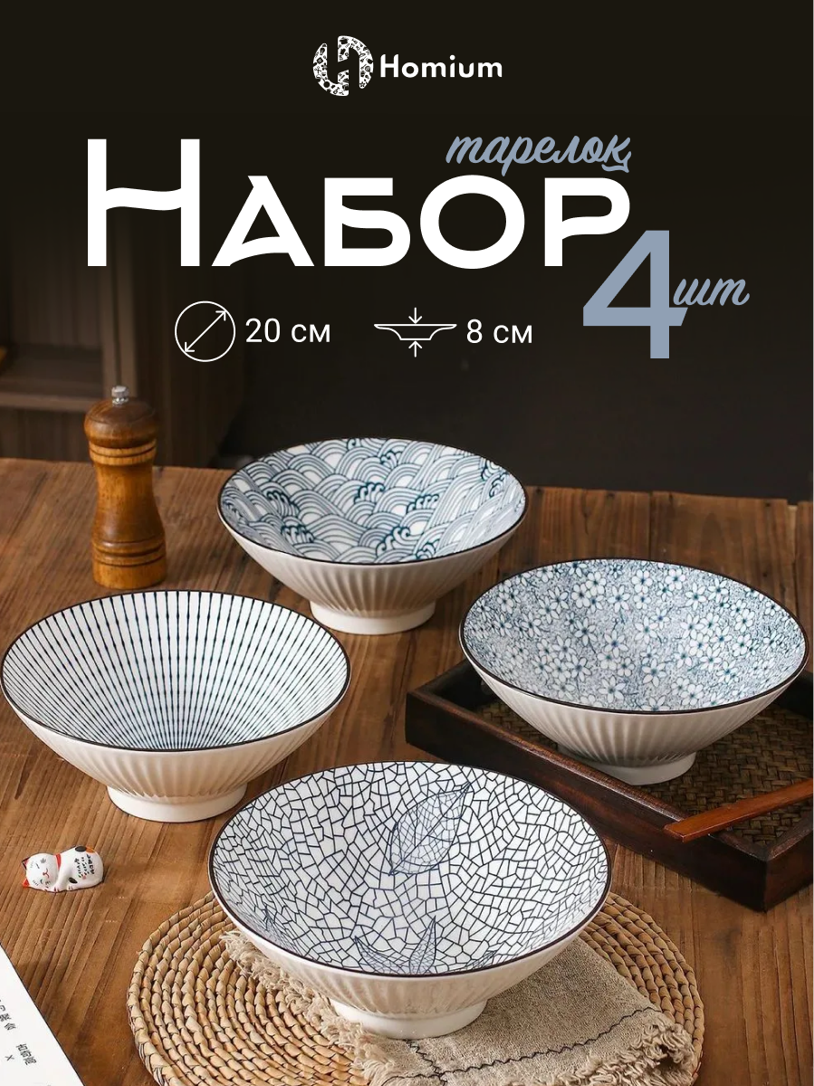 Набор тарелок Homium, Japanese Collection, глубокие, 4шт, цвет голубой, D20см
