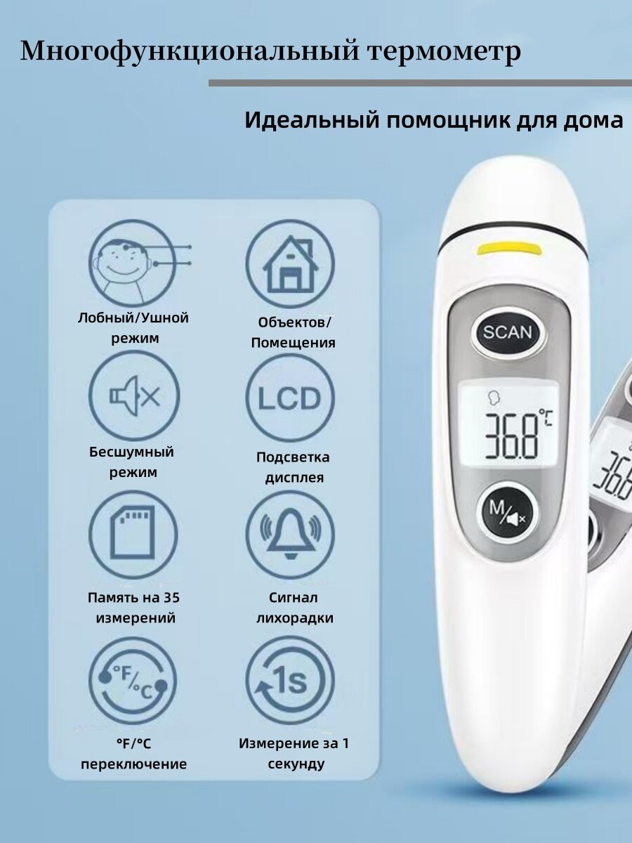 Термометры Инфракрасный термометр 2-в-1: измерение на лбу и в ухе. Быстро, гигиенично, без дискомфорта