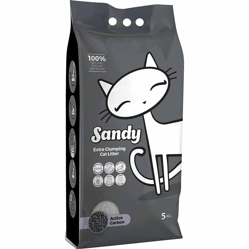 Наполнитель SANDY Active Carbon бентонитовый комкующийся с активированным углем для кошачьего туалета 5 кг