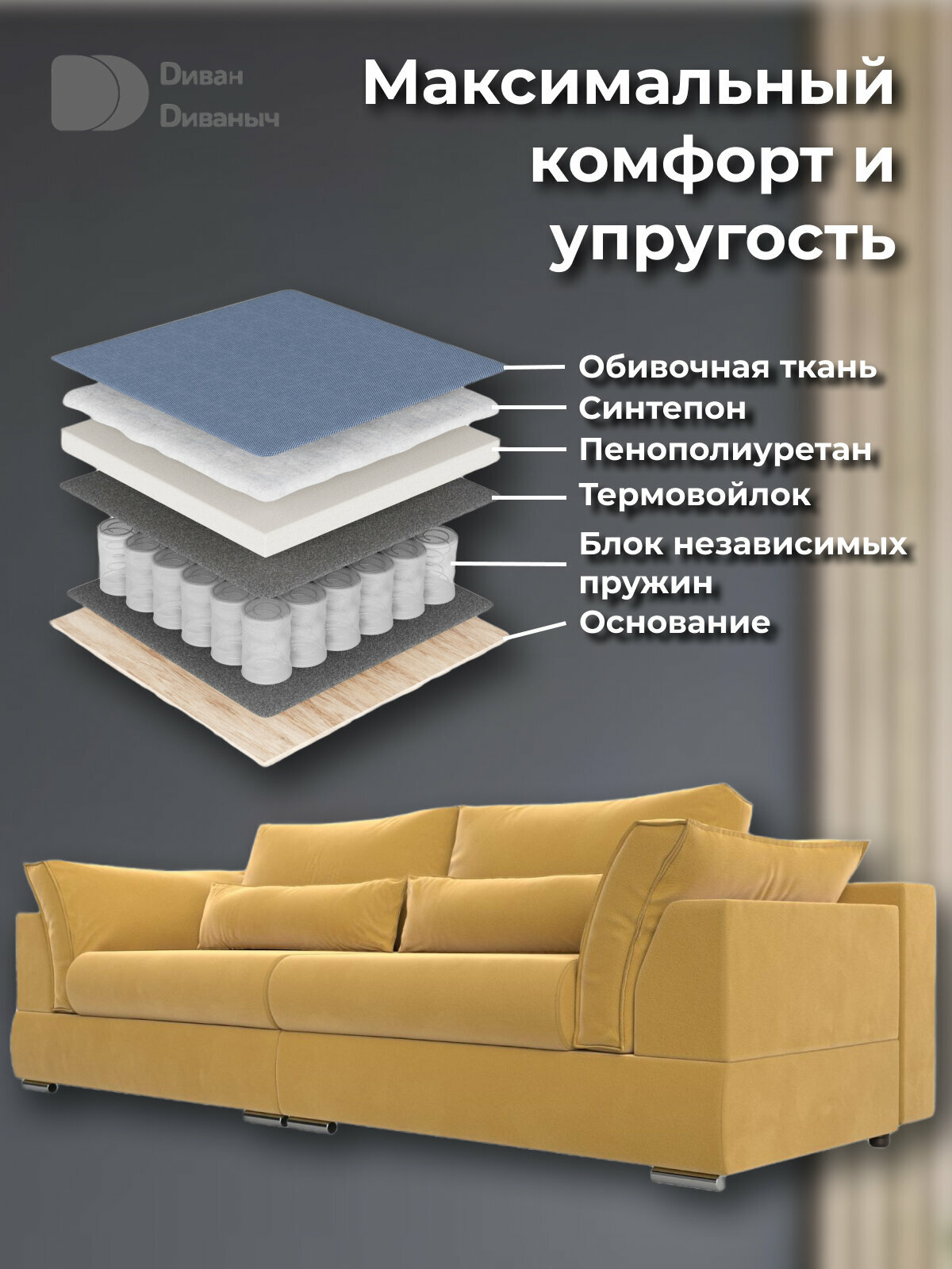 Диван прямой Бруно со спальным местом 200х150 см и пружинным матрасом, два ящика для белья, Микровельвет желтый — фото 1