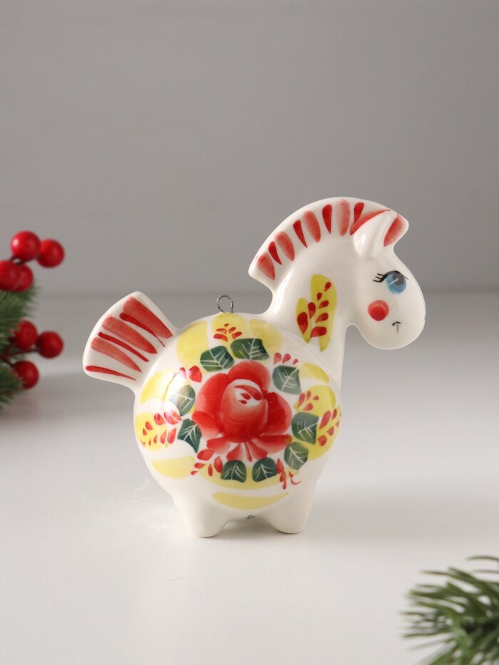 Ёлочная игрушка фарфор "Фигурка Лошадь Цветок", авторская роспись, 11 см