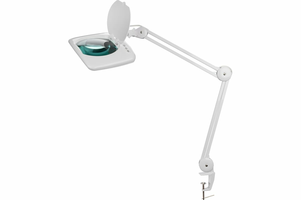 Лупа на струбцине Rexant, квадратная, 5D, с подсветкой 60 SMD Led, сенсорный регулятор яркости, белая
