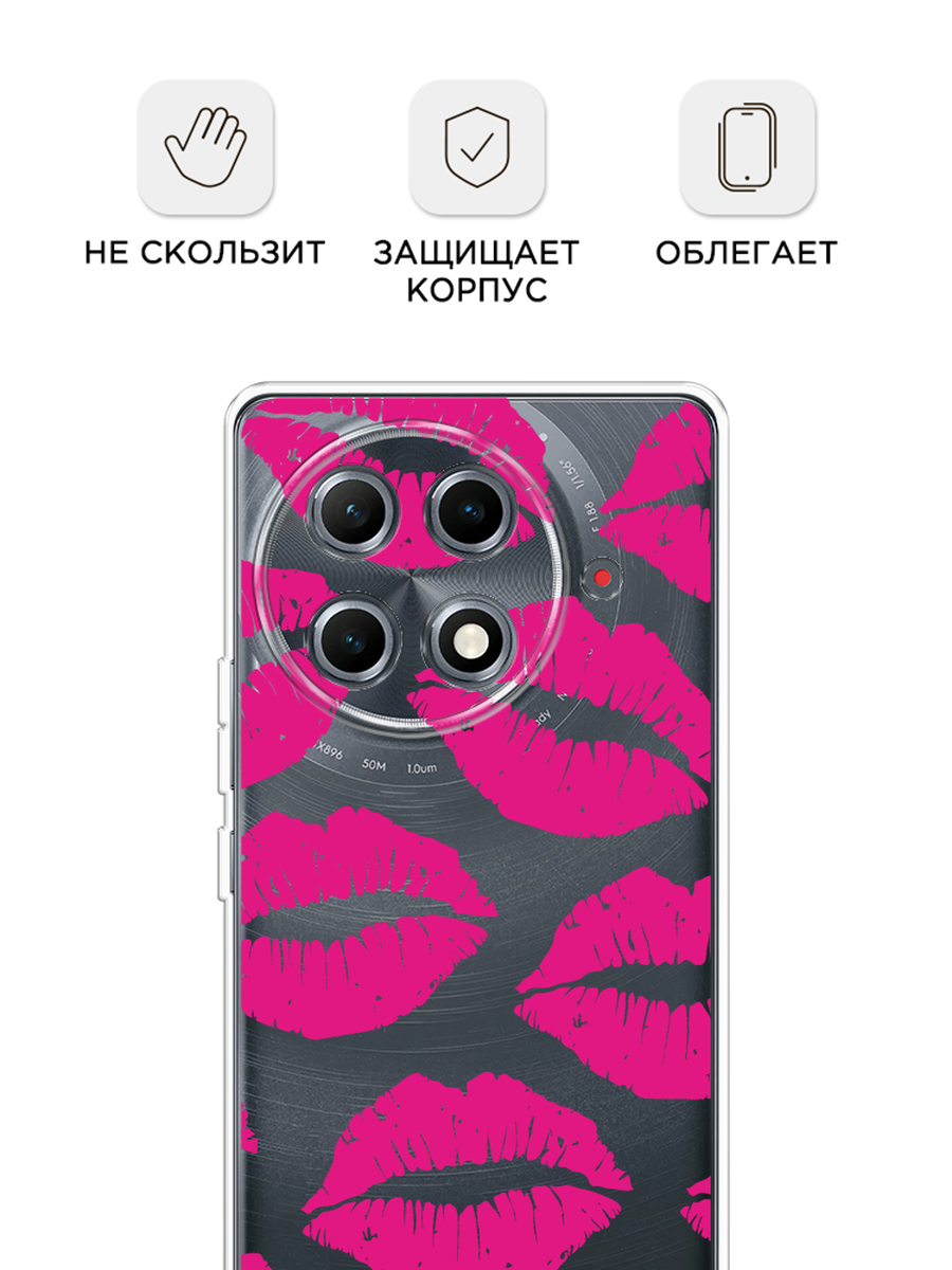 Чехол на Tecno Camon 30S Pro / Текно Камон 30S Про с принтом Ярко-розовая помада паттерн, прозрачный — фото 1