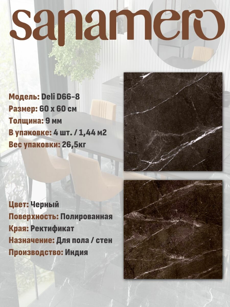 Керамогранит Sanamero Deli D66-8 черный глянец, полированный (60х60 см), 1.44 м2, 4 шт/уп