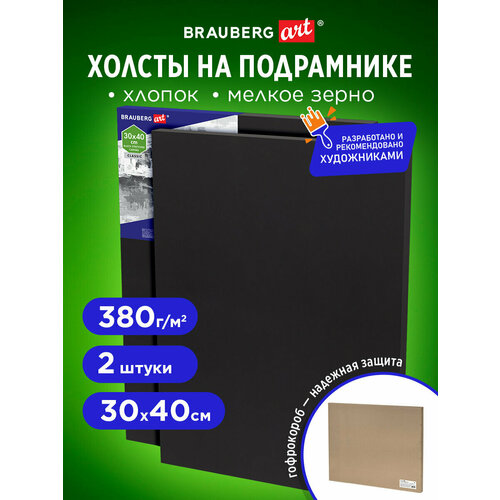 фото Холсты на подрамнике черные в коробе, комплект 2 шт. (30х40 см) 380 г/м2, грунт, хлопок, brauberg art classic, 880353
