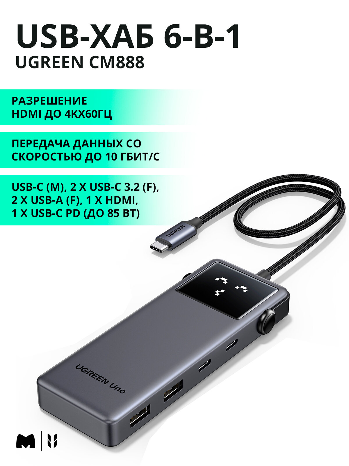 USB-концентратор (хаб) UGREEN CM888 UNO, 6 в 1: 4Kх60ГЦ, USB-C - HDMI, 2хUSB-А 3.2, 2хUSB-С 3.2, PD, цвет серый (35998)