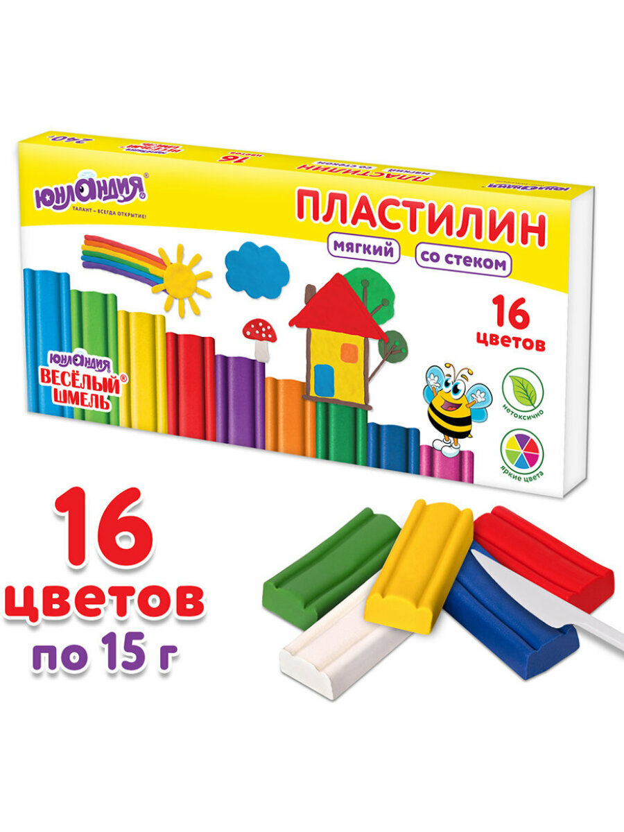 Пластилин восковой для детей детский мягкий легкий Юнландия Веселый Шмель 16 цветов 240 г Со Стеком 106673