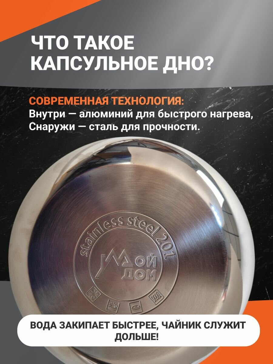 Чайник "Мой дом", нержавеющая сталь, 6л, с клапаном, зеркальный, со свистком — фото 1