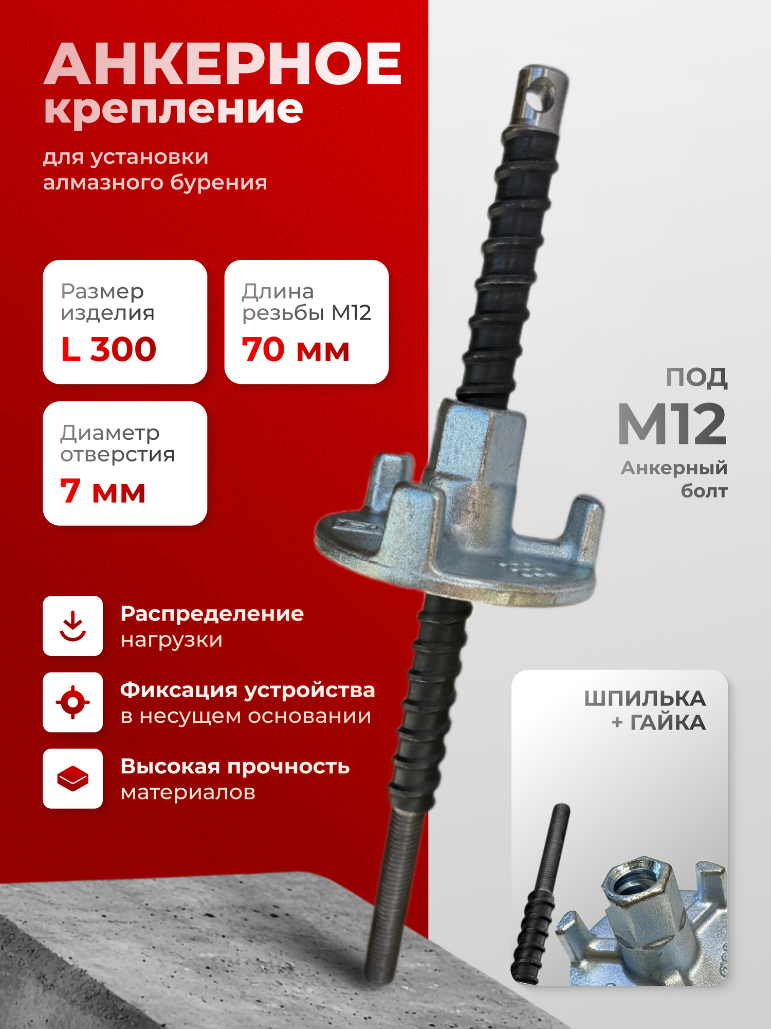 Анкерное крепление установки алмазного бурения М12  шпилька L300 мм   гайка стальная штампованная оцинкованная  оснастка для станка