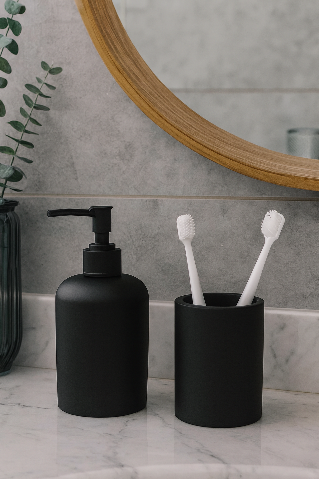 Набор для ванной комнаты аксессуаров бетонный дозатор для мыла и стакан / 2 шт черный матовый