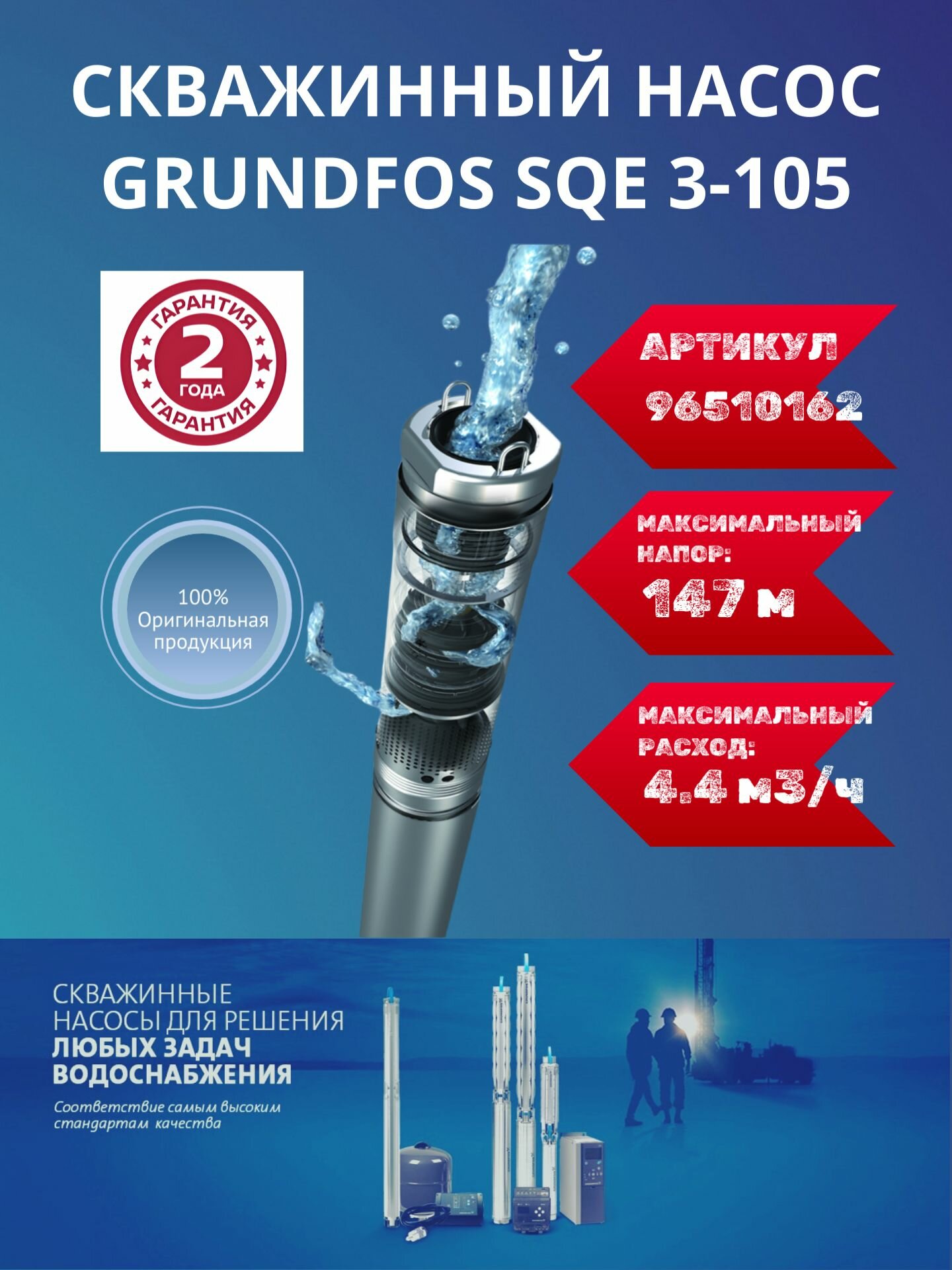Скважинный насос Grundfos SQE 3-105 центробежный нержавеющая сталь IP68