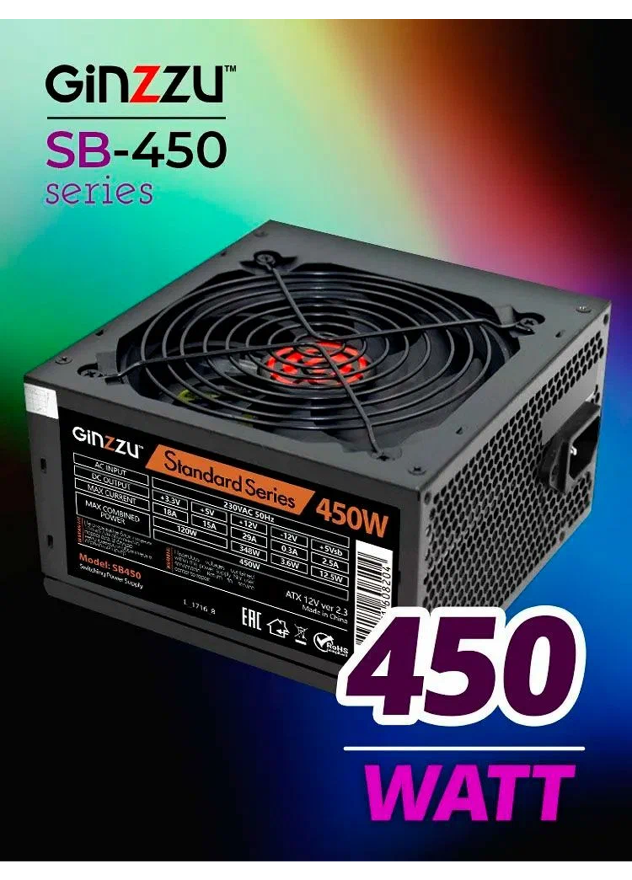 Блок питания Ginzzu SB450 ATX 12cm fan 20+4pin +4Pin 2*SATA 2*IDE Черный