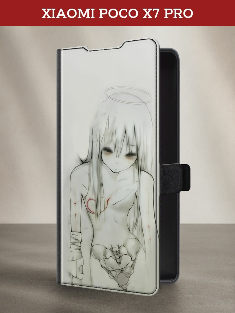 Чехол-книжка на Poco X7 Pro / Поко x7 pro с рисунком "Аниме рисунок чёрно-белый"