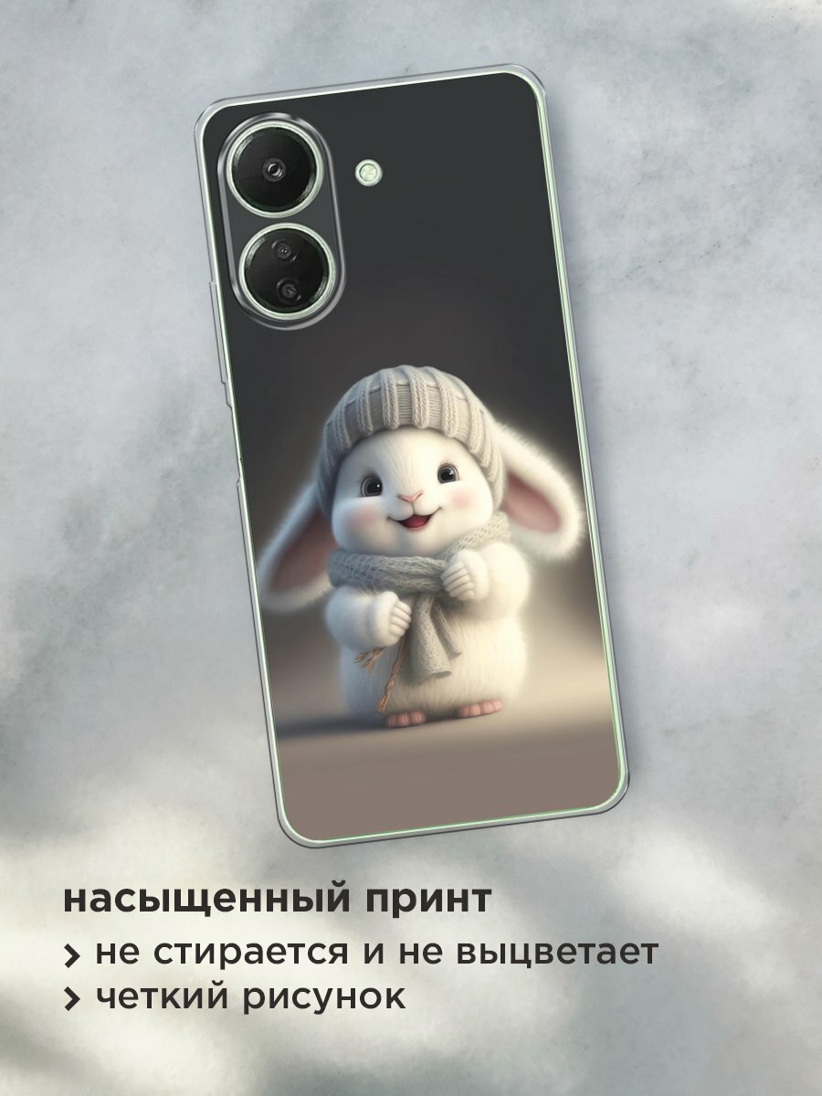 Чехол на Xiaomi Redmi 13C/Poco C65 / Сяоми Редми 13C/Поко С65 с принтом "Белый крольчонок в шапке" — фото 1