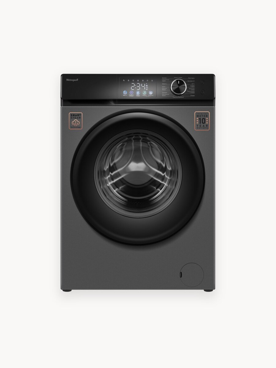 Cтиральная машина с инвертором и паром Weissgauff WM 45127 Inverter Steam Color Touch Grey, Загрузка 7 кг, Отжим 1200 об