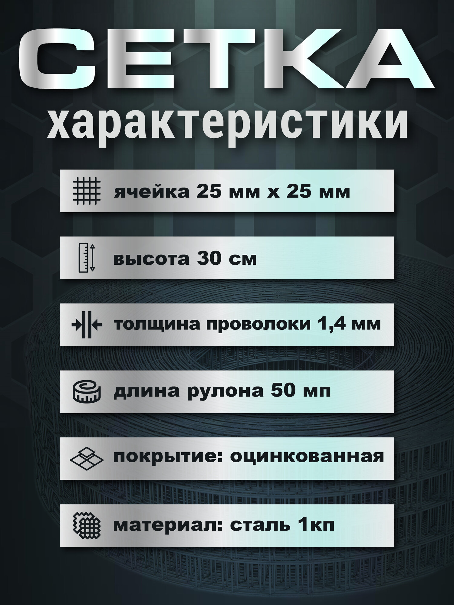 Сетка сварная оцинкованная 25х25х1,4мм строительная (ячейка 25х25мм, d-1,4мм, рулон 1х50м, высота 30см) PREMIUM — фото 1