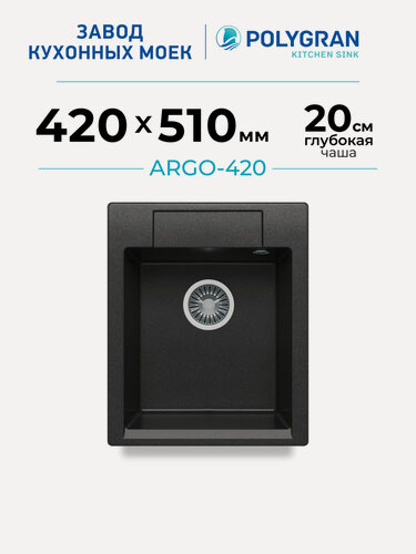 Изображение товара Мойка для кухни каменная POLYGRAN ARGO-420 Черная, Врезная, Квадратная (Черный №16)