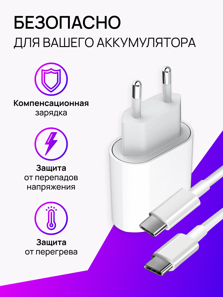 Зарядка для айфона, зарядное устройство для телефона, кабель и блок питания Type C, адаптер 20Вт, быстрая зарядка Type C — фото 1