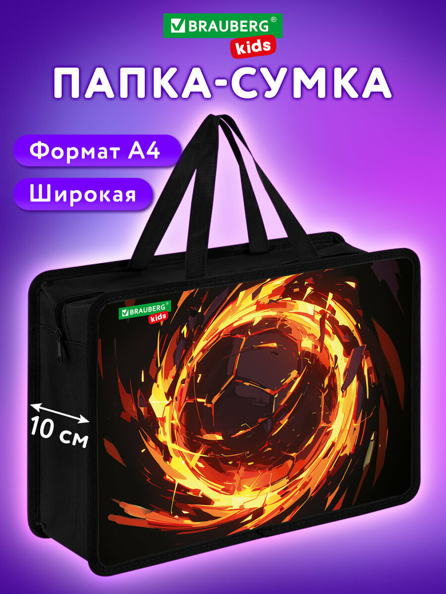 Папка сумка для тетрадей, труда, рисования и изо А4 для мальчика на молнии с ручками, канцелярия для школы, 1 отделение пластик, Brauberg Kids, 273378