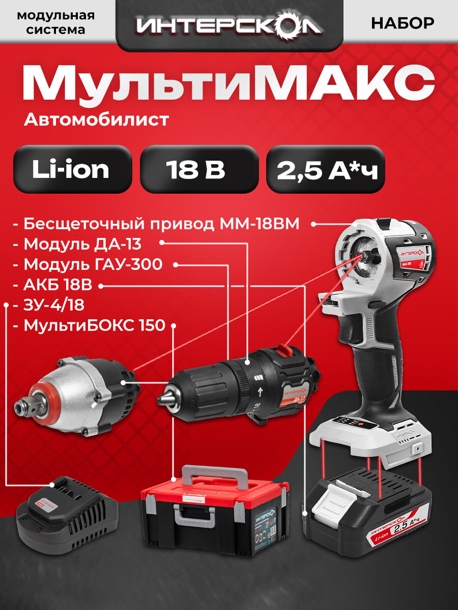 МультиМАКС Набор "Автомобилиста" (МультиБОКС 150, ММ-18В, ДА-13, ГАУ-300, 2,5Ач, ЗУ), 755.2.4.46