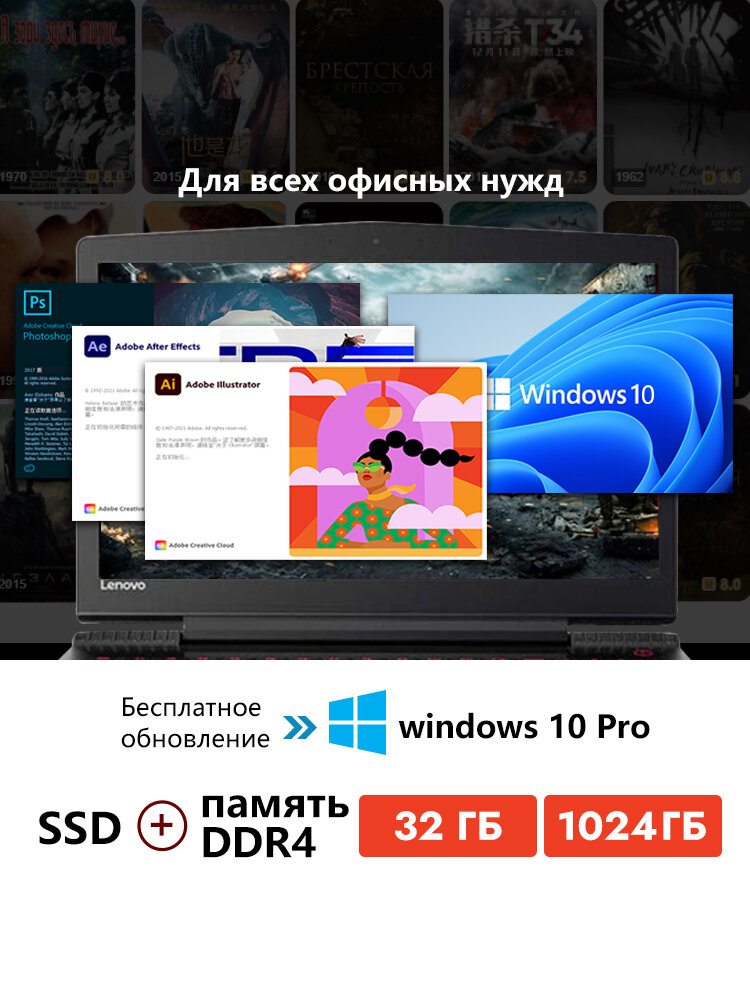 Игровой рабочий ноутбук Lenovo R720, Windows 10, 15,6", Intel Core i7-7700HQ (2.5ГГц), 32Гб, SSD1ТБ, GTX 1060 (6Гб), IPS — фото 1