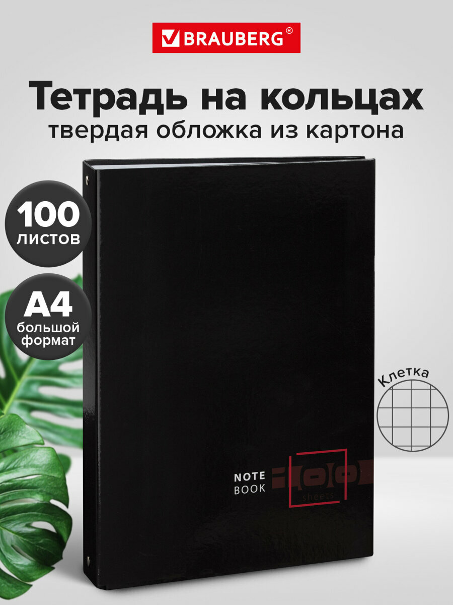 Тетрадь на кольцах Большая А4 (210х305 мм), 100 листов, твердый картон, клетка, Brauberg, Dark, 404101