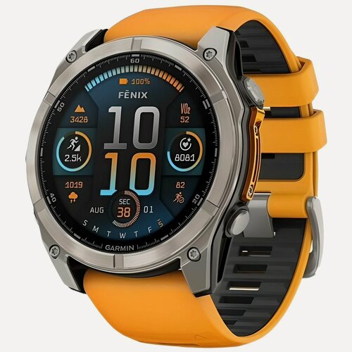 Изображение товара Garmin Fenix 8 47 мм, AMOLED Sapphire, Titanium, оранжевый силиконовый ремешок, EU (010-02904-11)