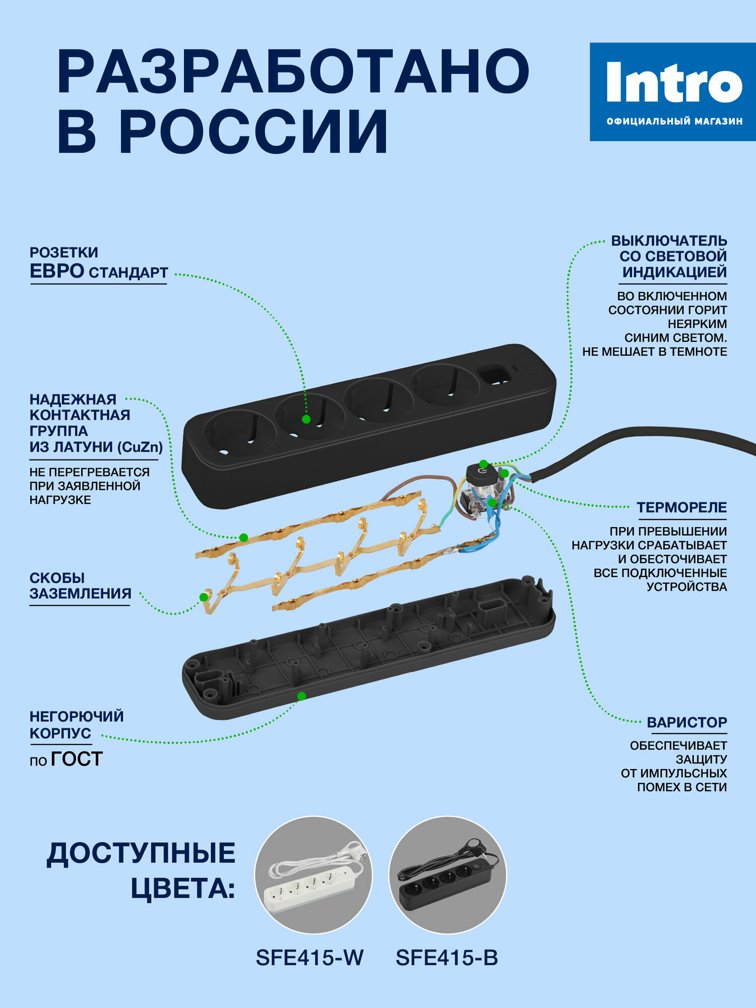 Сетевой фильтр с предохранителем 4 розетки 1,5м 10А Intro SFE415-B черный с заземлением с выключателем — фото 1