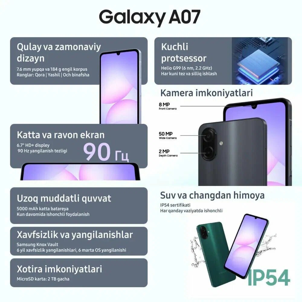 Смартфон Samsung Galaxy A07, дисплей PLS, 50МП, аккумулятор 5000мАч — фото 1