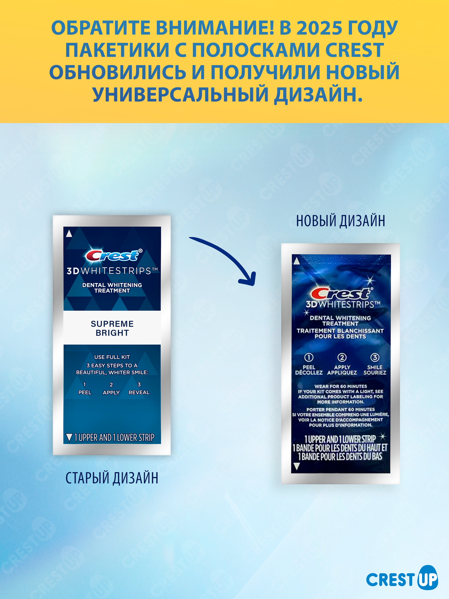 Отбеливающие полоски для зубов Crest 3D Whitestrips Supreme Bright 7 пакетиков 1/3 курса — фото 1