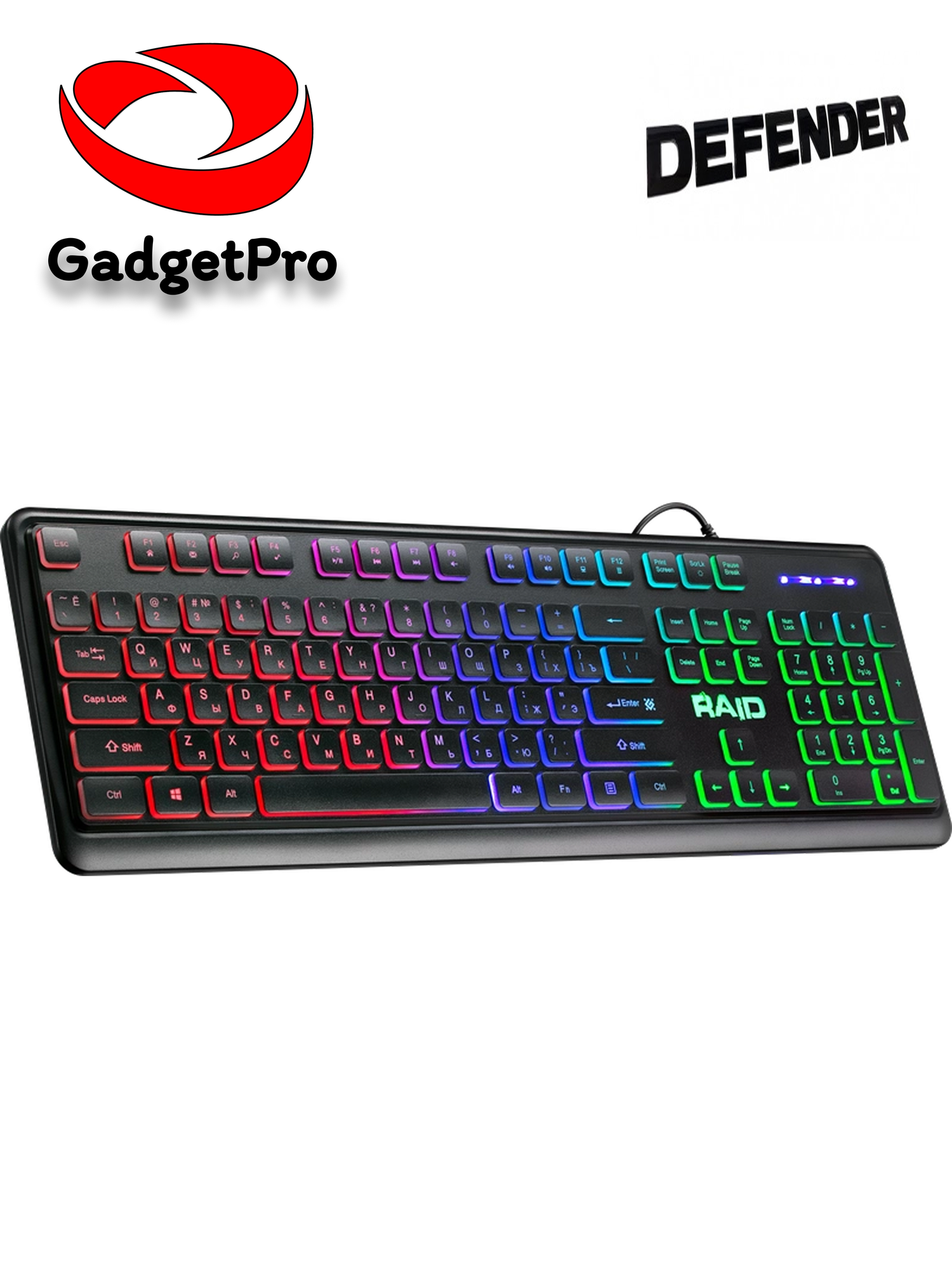 Игровая клавиатура Defender Raid GK-778DL, мембранная, полноразмерная, 104 клавиши, USB, RGB Rainbow подсветка, черная