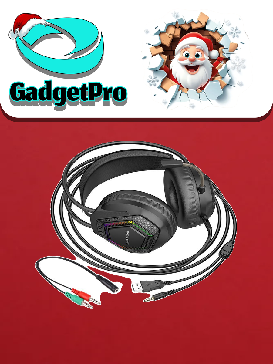 Игровая проводная гарнитура Borofone BO105 с микрофоном, 50 мм, USB + 3.5 мм, кабель 2 м, адаптер для ПК и ноутбуков